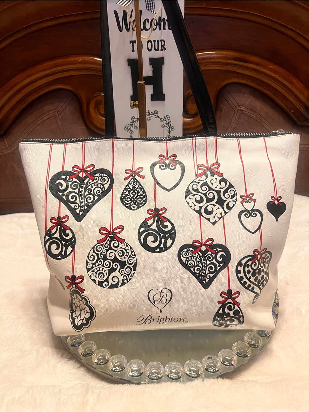 Brighton White and Black Heart & Ornament Motifs and Red Ribbon Accents tote bag - Picture 11 of 16
